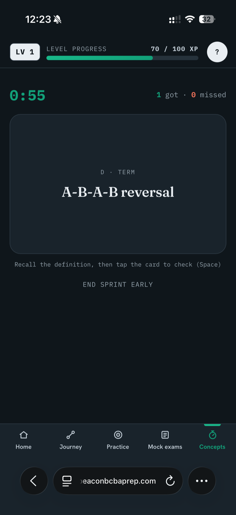 Beacon app concepts screen showing a timed flashcard review