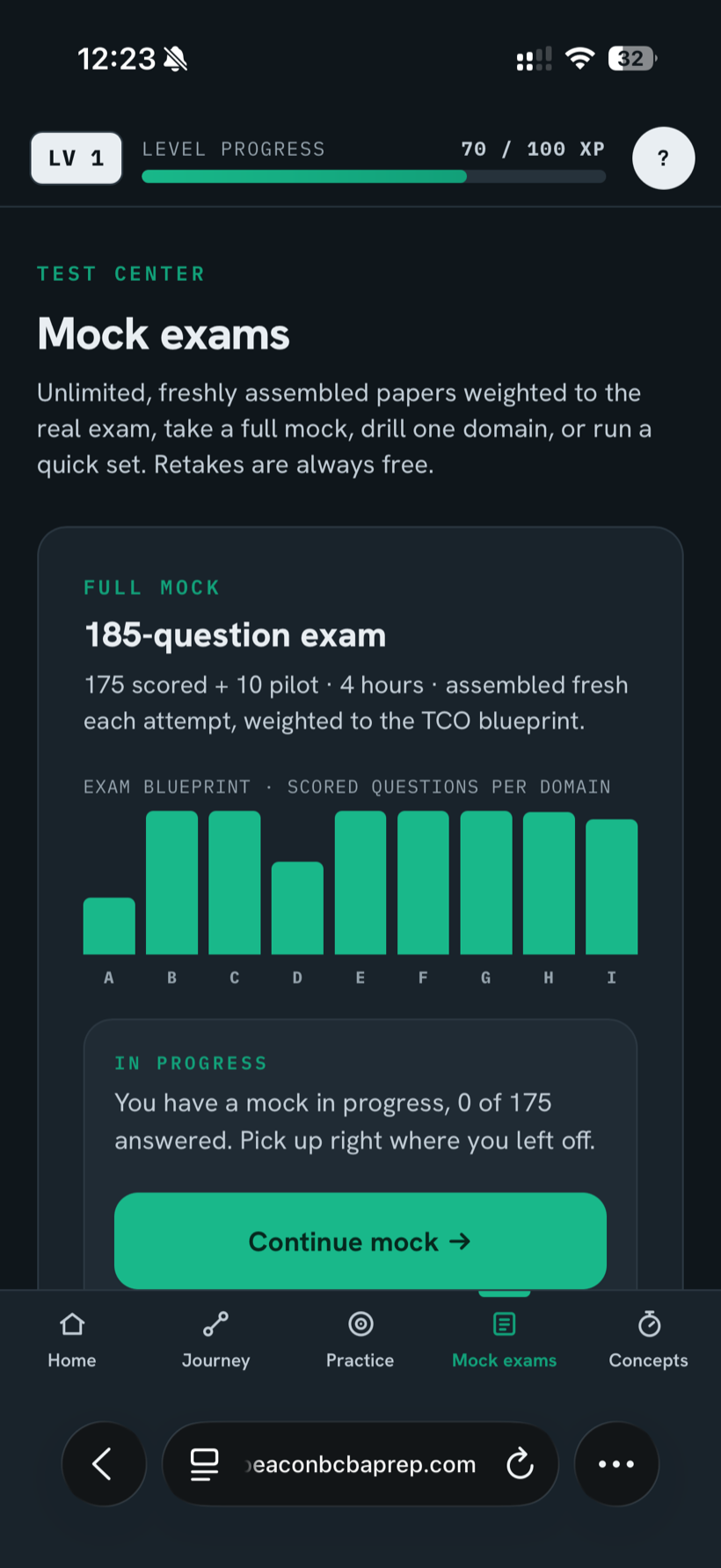 Beacon app mock exams screen showing a 185-item exam weighted to the TCO blueprint