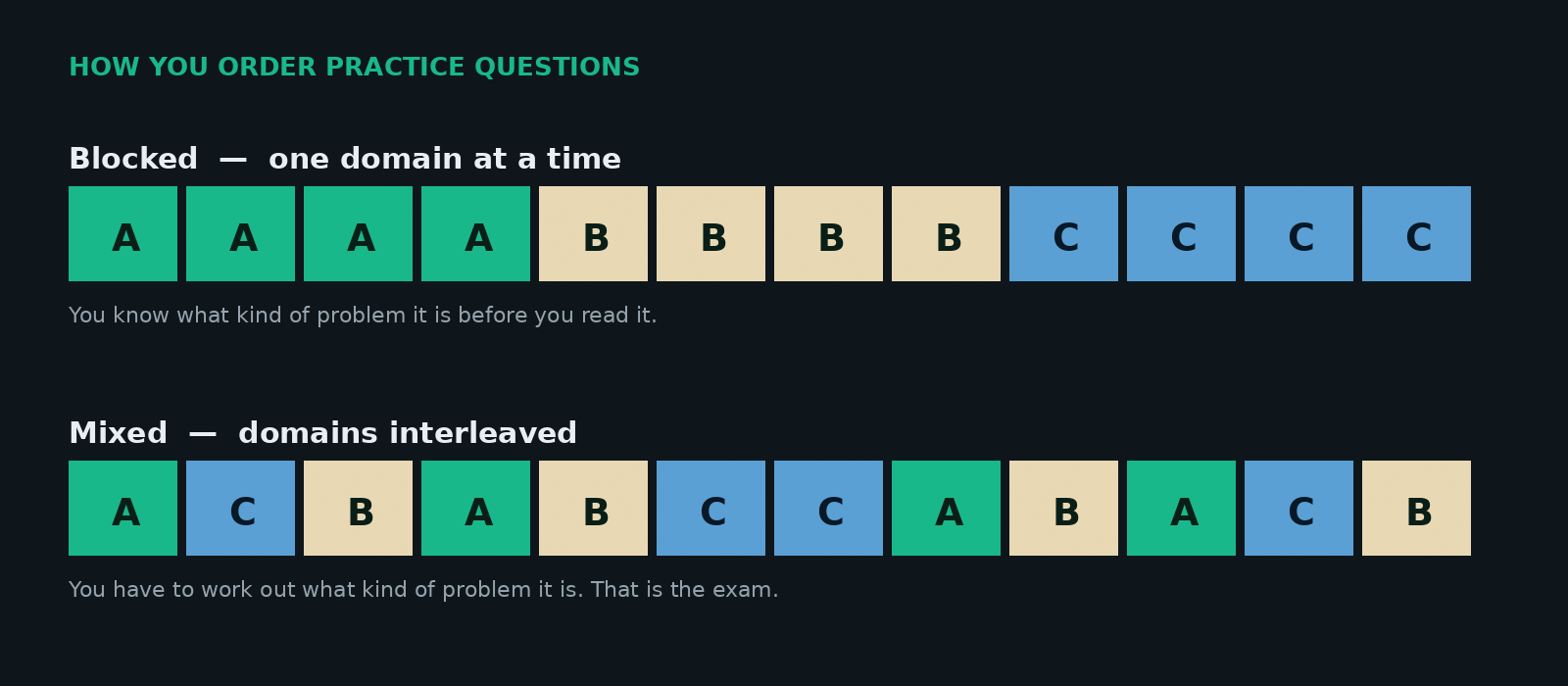 Twelve practice questions shown grouped by domain, then the same twelve shuffled so domains alternate.
