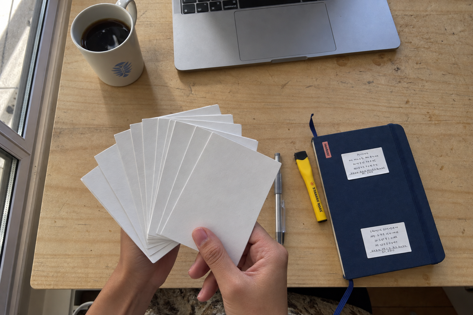Index cards and study notes spread across a bright desk beside a laptop