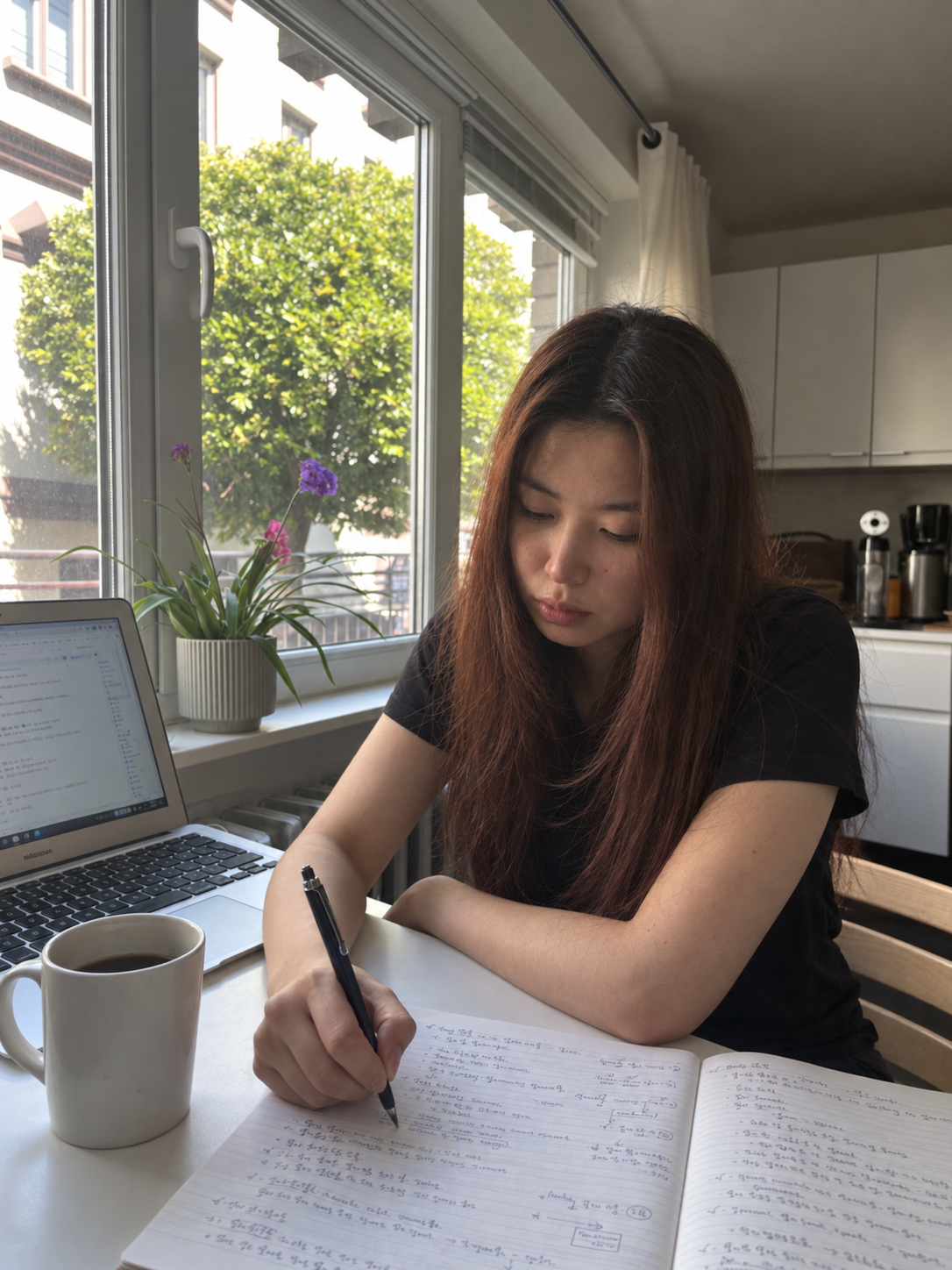 A behavior technician studying for the BCBA exam at a bright kitchen table, writing notes beside an open laptop