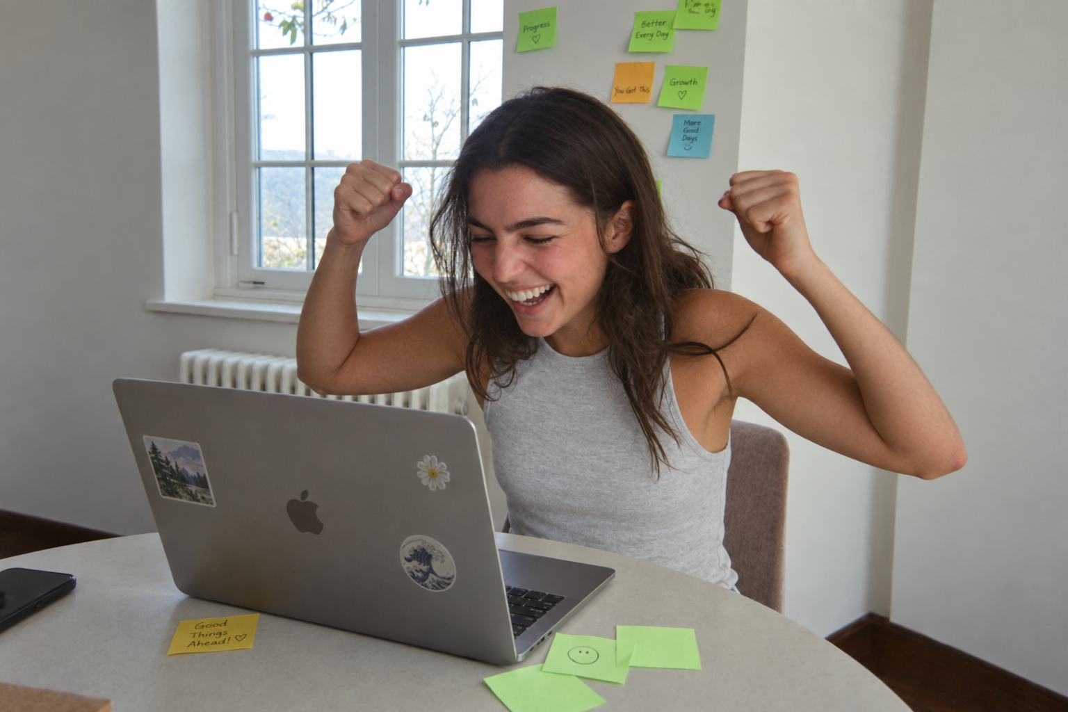 A candidate jumping up from her laptop in a bright living room with both fists raised, celebrating a passing result