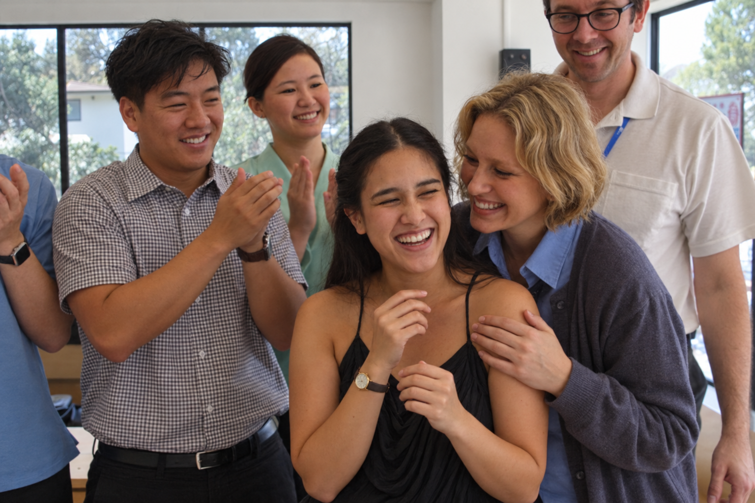 Coworkers in a bright staff room applauding and hugging a colleague celebrating her news